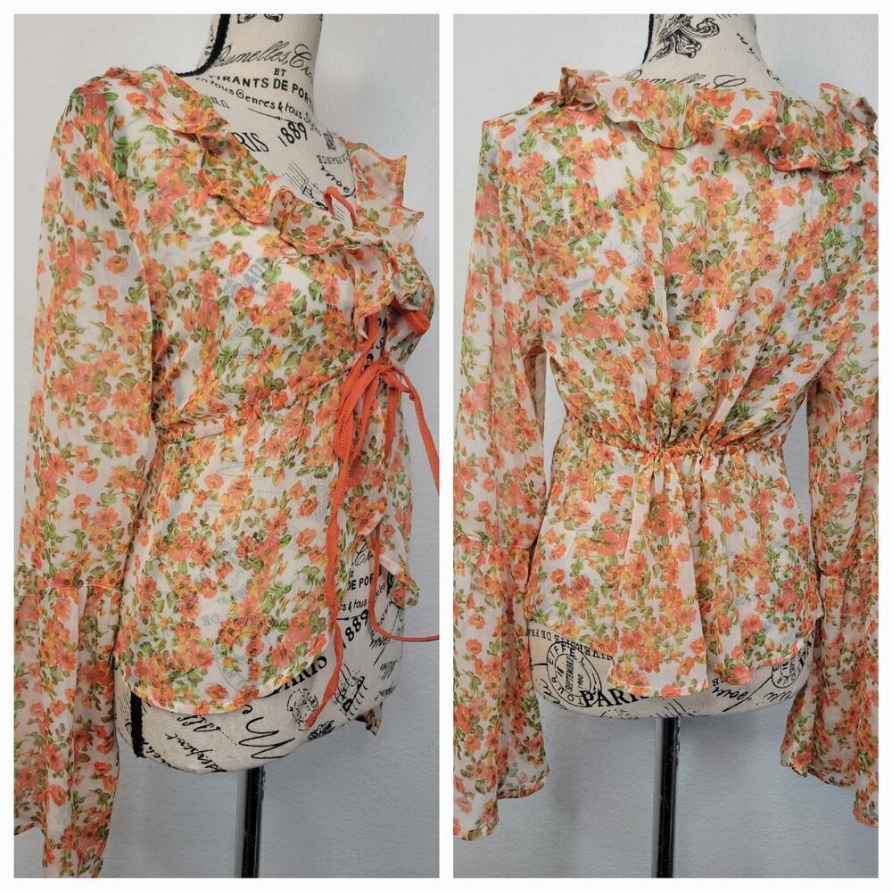 Dizzy Lizzy Bohemian Top XS Tie Front Babydoll Floral Blouse Sheer Coquette